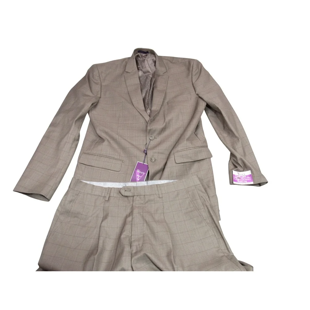 Vinci Mens Tan Windowpane Plaid 2 Piece Suit 44L Jacket 38W Pants V2RW-15 NWT